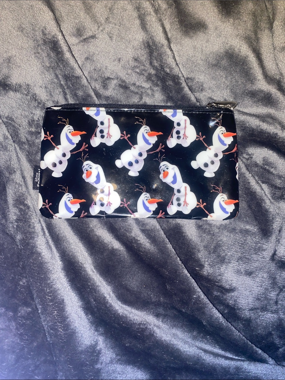 Loungefly Disney FrozenBlack Olaf Repeat Zip Pouch with White and Orange Accents